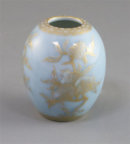 A Chinese gilt decorated clair de lune ovoid jar, Qianlong mark but later, H. 7.2cm